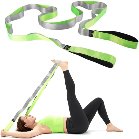 TAVIEW Yoga Strap for Stretching – Stretch Band with 12 Loops –Multi-Grip Pilates Hamstring Stretcher Belt – Physical Therapy Equipment for Best Flexibility,Green & Black