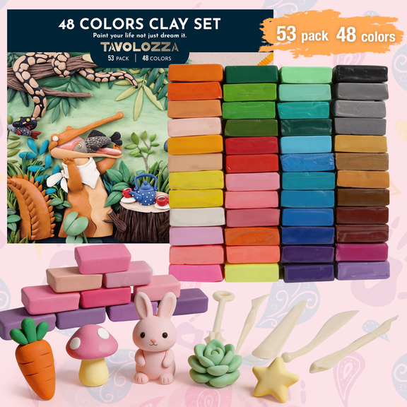 TAVOLOZZA 48 Colors Polymer Clay Set, 10g Soft Modeling Clay Kit with 5 Tools for Kids, Beginners, Classroom Crafts
