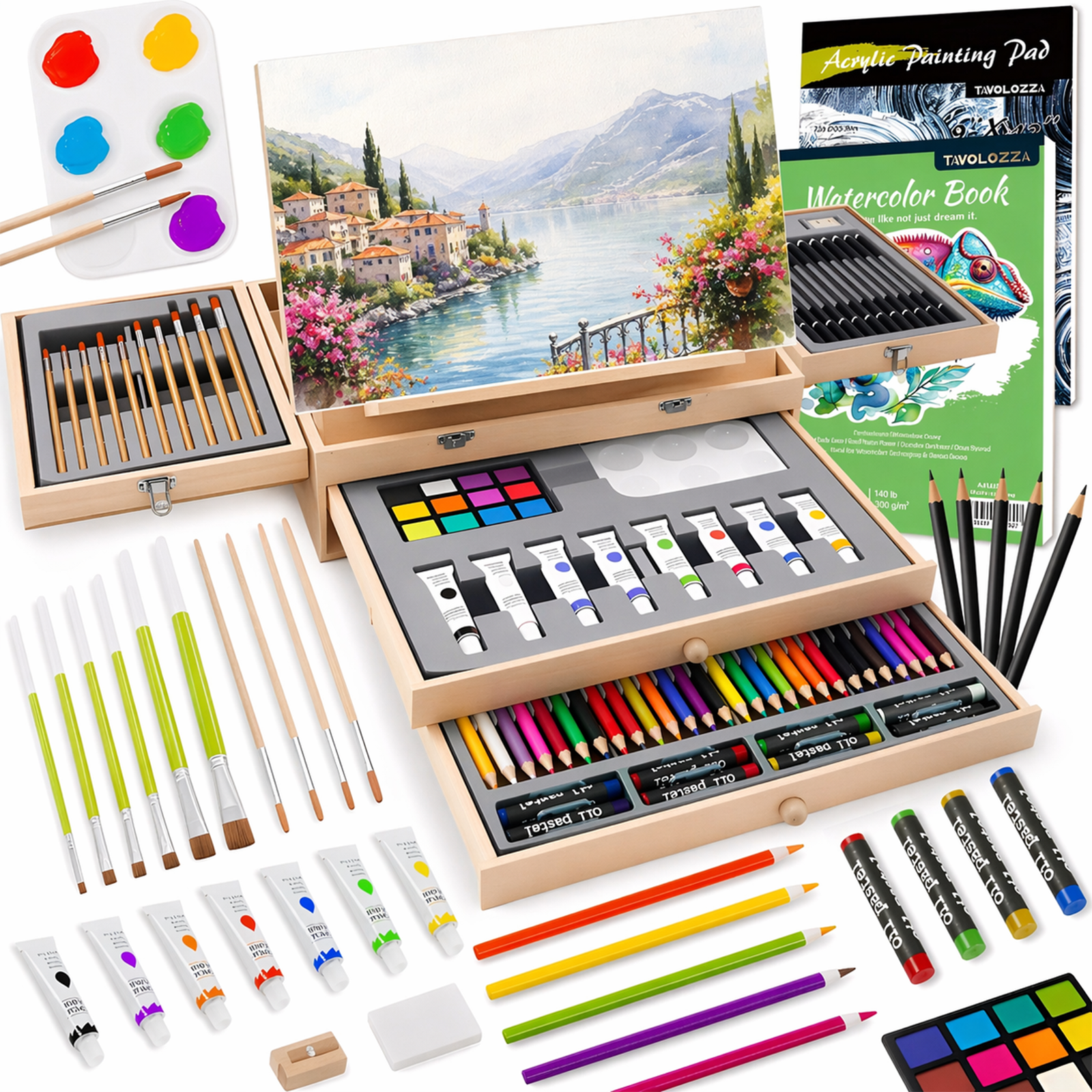 TAVOLOZZA 96PCS Wood Easel Art Set, Complete Drawing & Painting Kit with Paints, Pencils & Brushes