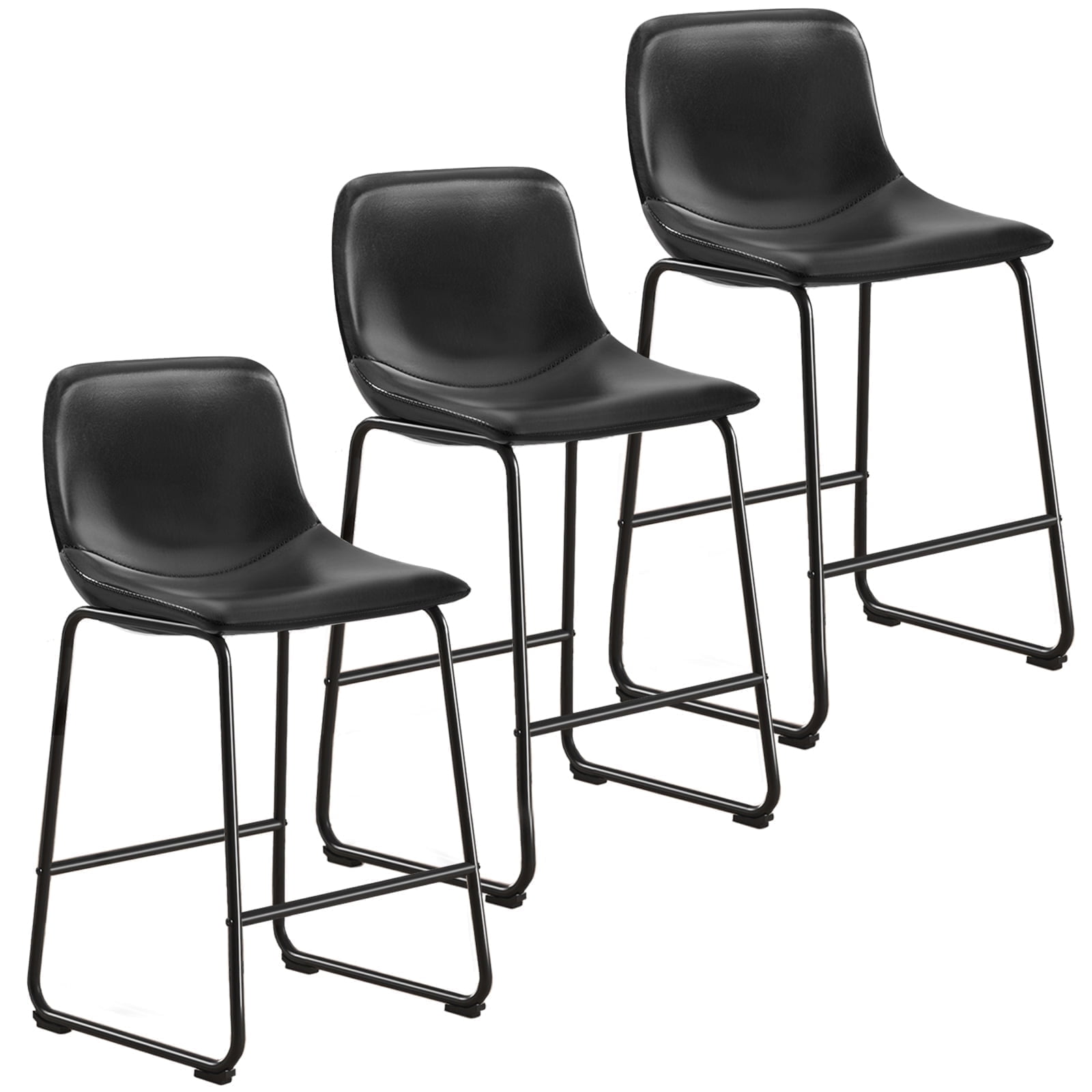 RTVR Counter Height Bar Stools Set of 3,Modern Faux Leather Barstools with Metal Legs and Footrest,Counter Stool with Back, Dining Chairs for Home Kitchen Island, Support 500 lbs, Black