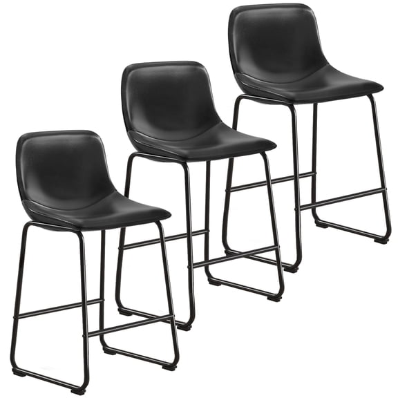 RTVR Counter Height Bar Stools Set of 3, Modern Faux Leather Barstools with Metal Legs Footrest, 24 in Dining Chairs with Back for Home Kitchen Island, Support 500 lbs, Black