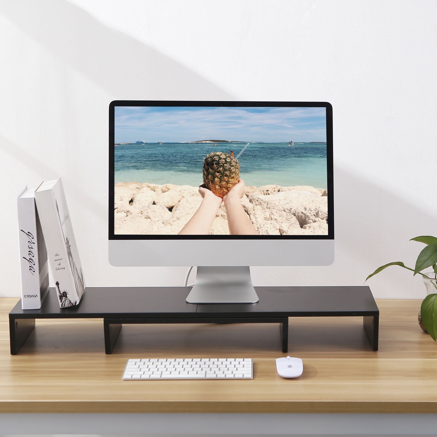 TAVR Furniture Dual Monitor Stand Riser Extra Long 43.3" Fit for 2 Monitors, Adjustable Length with Swivel Angle & 3 Shelves, Wood, Black