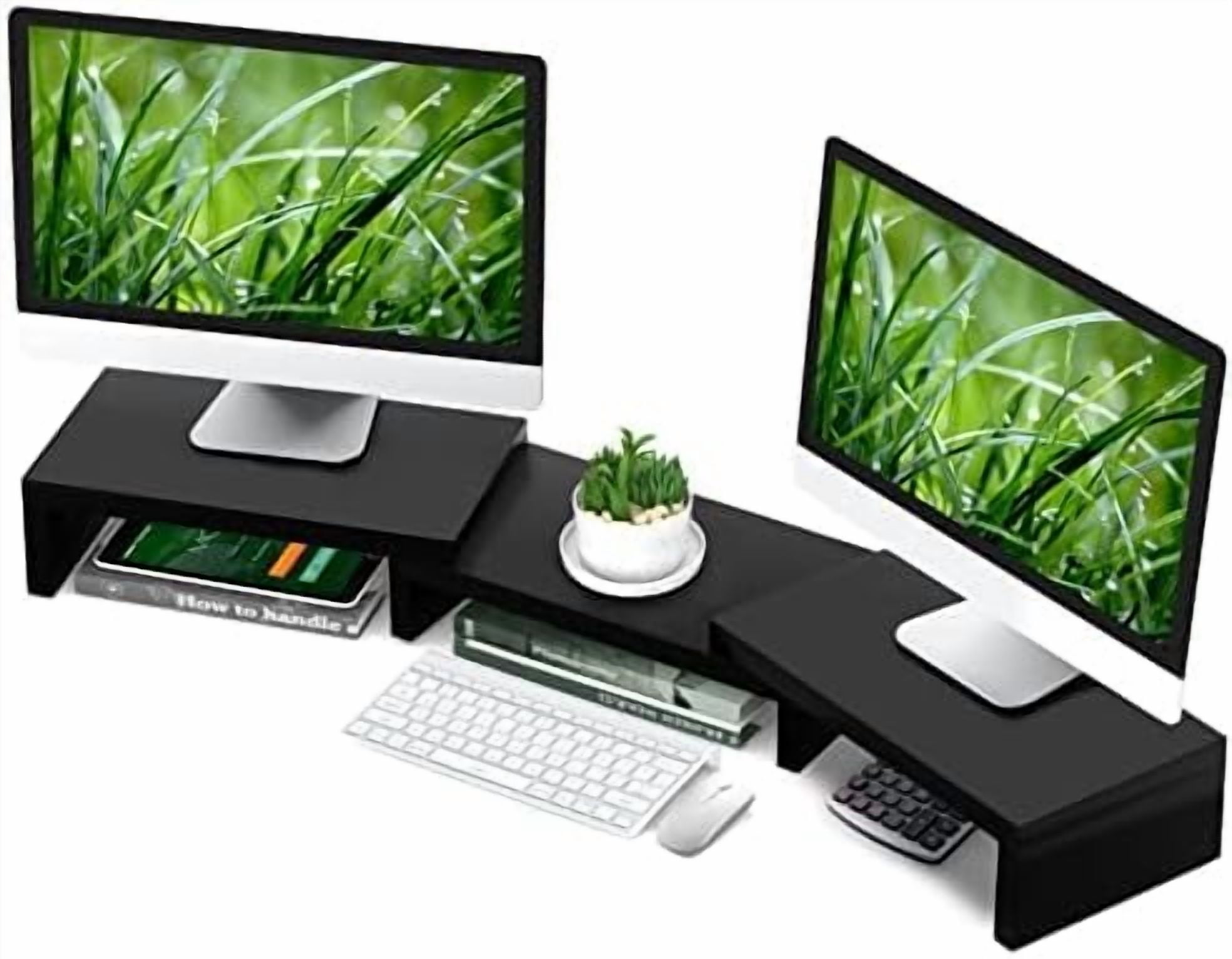 TAVR Dual Monitor Stand Riser Office Desktop Organizer Stand for 2 Monitors, Adjustable Length and Angle 3 Shelf, Extra Long Multifunctional Stand up to 43.3" fit Computer, Laptop, TV, Black