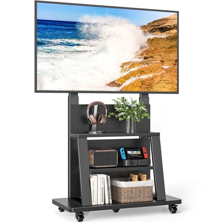 TAVR Furniture Mobile TV Cart for 40-86 inch with 3 Tiers Wooden Shelves, Height Adjustable Portable Rolling TV Stand up to 200lbs