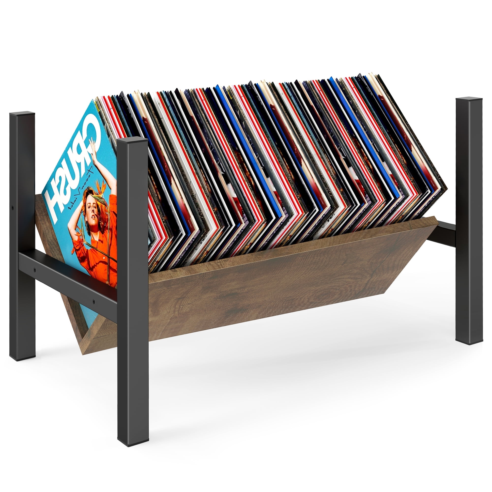 TAVR Furniture Vintage Wood & Black Metal Vinyl Record Storage Rack ...