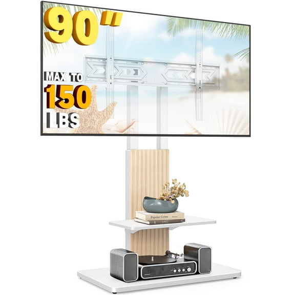 TAVR Heavy Duty Floor TV Stand for 55-90 inch Large TVs up to 150 lbs, Universal Tall TV Stand with Mount, Height Adjustable TV Floor Stand with Large Storage Shelf for Living Room, White