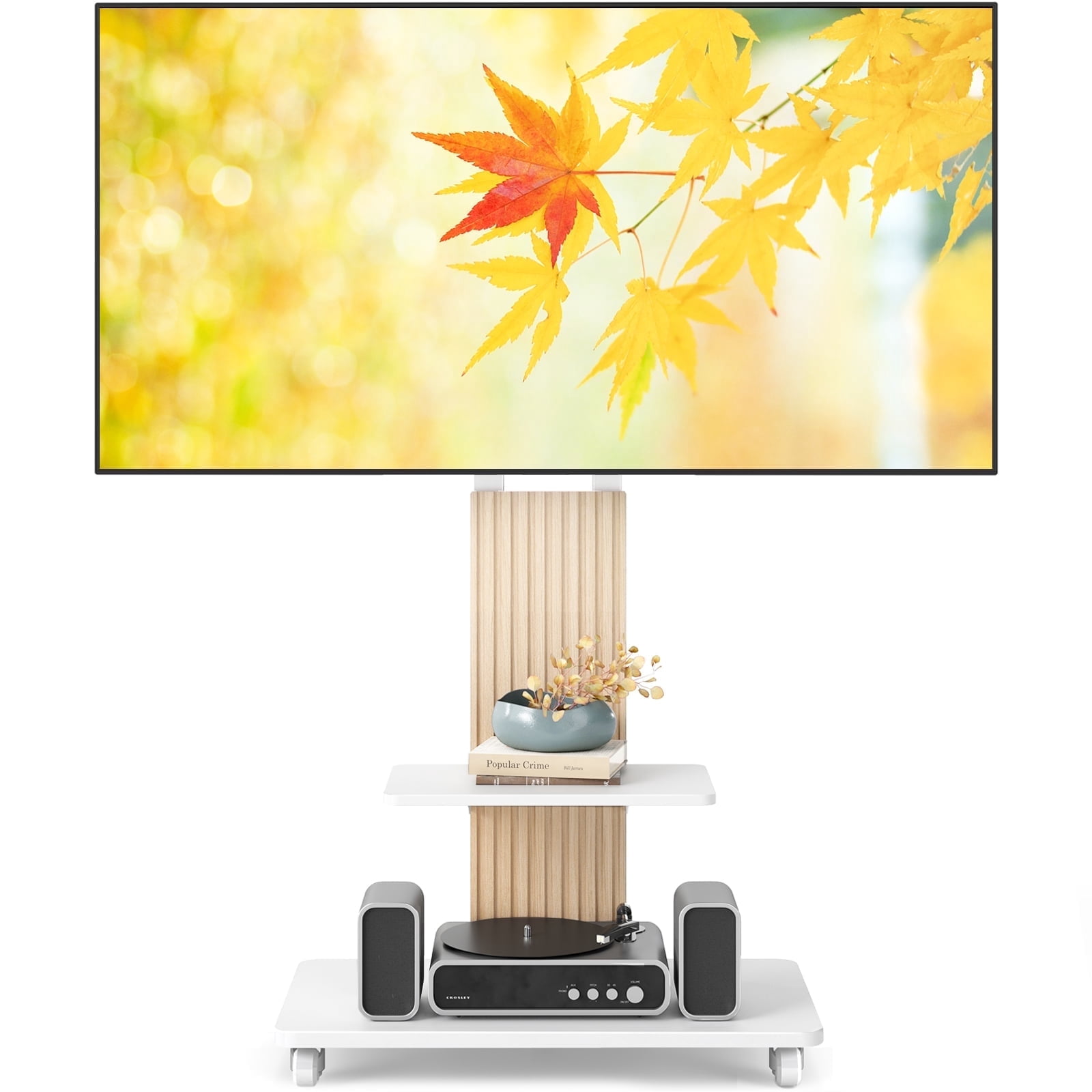 TAVR Furniture Heavy Duty Rolling TV Stand for 55-90 inch Large TVs up to 150 lbs, Height Adjustable TV Floor Stand with Large Storage Shelf for Living Room, White