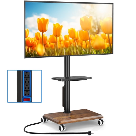 TAVR Mobile TV Stand with Power Outlet & Swivel Mount, Height Adjustable Rolling Cart for 32-60 inch TVs up to 88 lbs, Tiger Wood