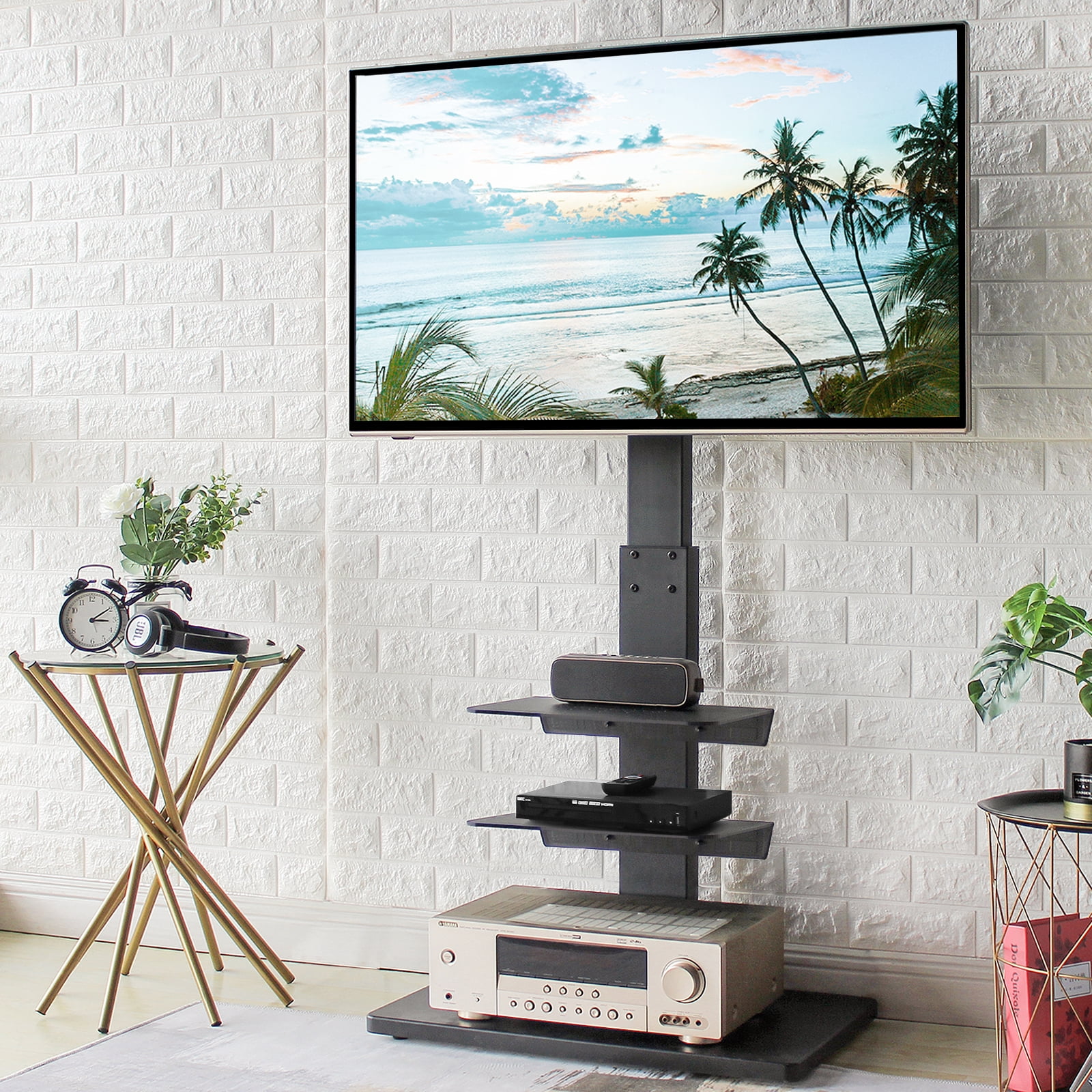 TAVR Modern Black Floor TV Stand for TVs up to 70 75 inch Upgraded, 3