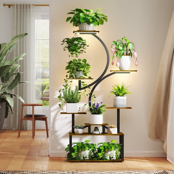 TAVR 8-Tier 62" Indoor Plant Stand with Warm Grow Light, Large Multi-Pot Holder for Living Room Patio, Boho Home Gardening Decor