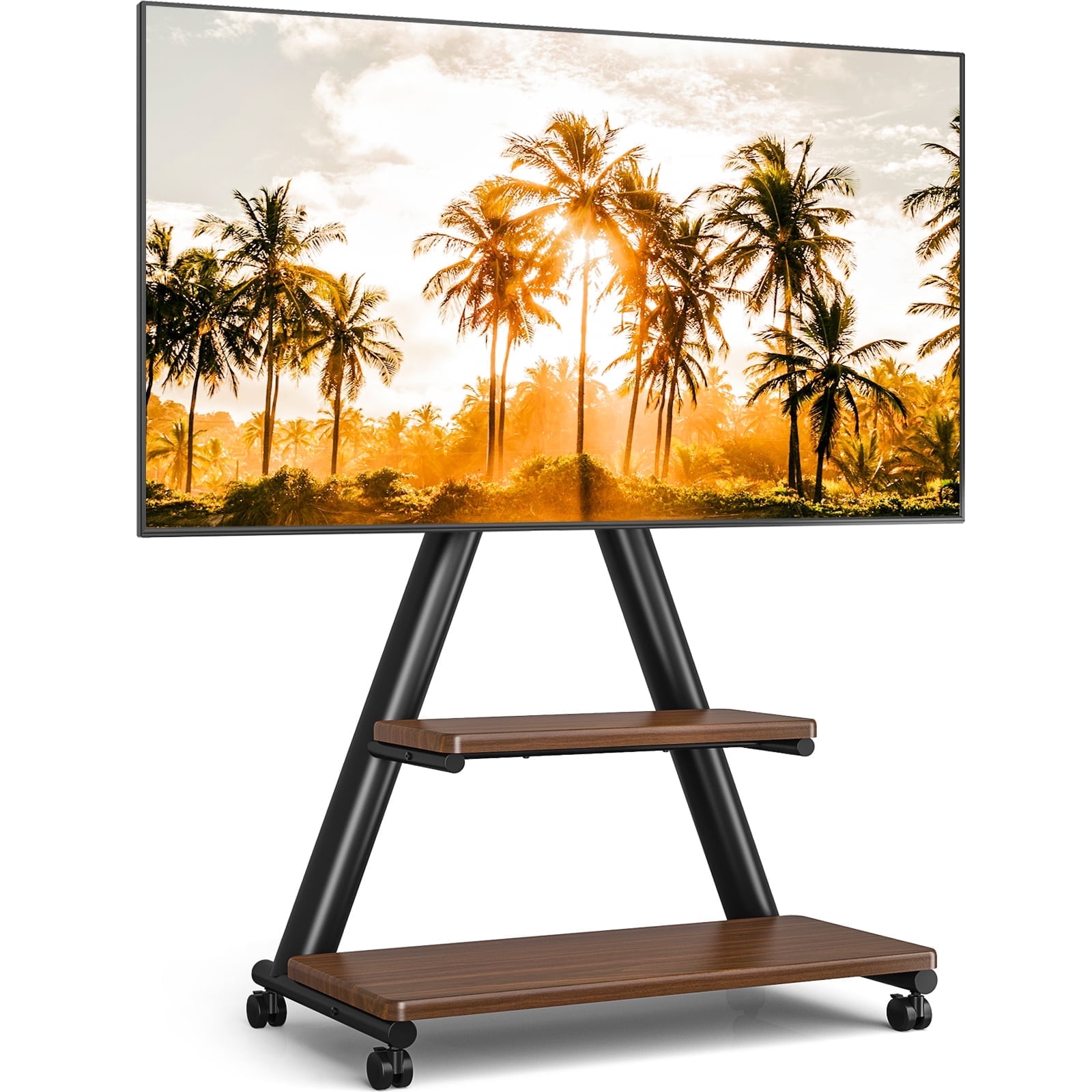 RTVR Rolling TV Stand for 43-80" Screens, Portable Mobile TV Stand on Wheels with Enhanced Triangular Design Storage Shelves up to 150 lbs, Brown