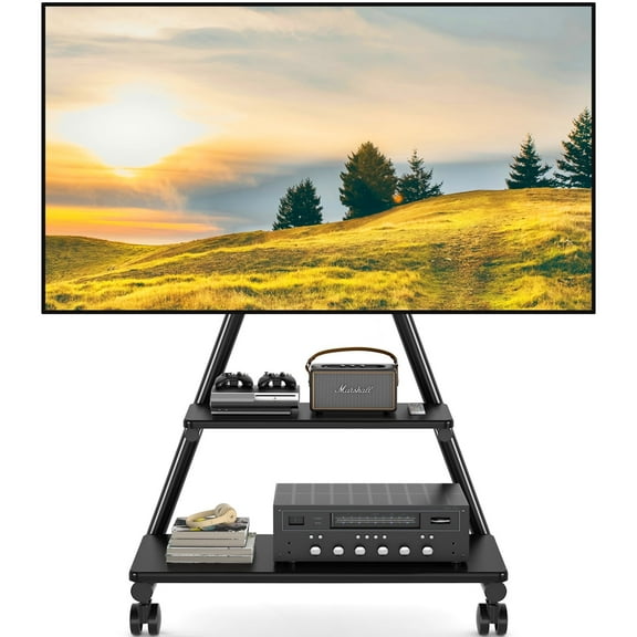 RTVR Rolling TV Stand on Wheels with Mount & Storage Shelf, Universal Mobile TV Cart up to 80 inch