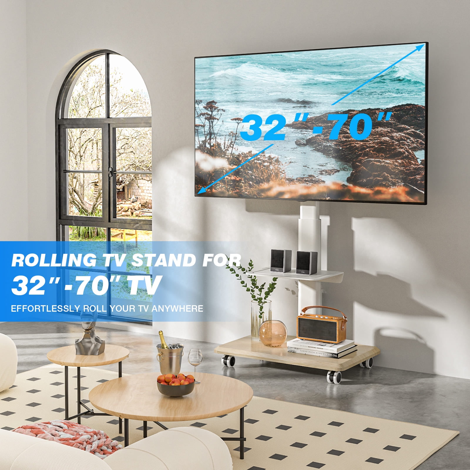 RTVR Rolling TV Stand on Wheels for 32-70 inch Screens, Portable Mobile TV Mount Stand with Power Outlet, White
