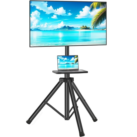 TAVR Furniture Tripod TV Stand for 23-75" TVs with ±15° Tilt, 4-Level Height Adjustable, 360° Rotating Shelf & Non-Slip Base, Black