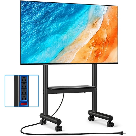 TAVR Furniture Universal Mobile TV Stand with Wheels&Power Outlet for 70 inch LCD LED OLED Flat Panel Screen TVs with Wooden Storage Shelf, Black