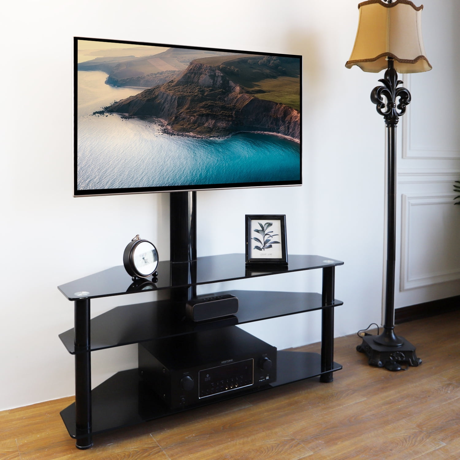 TAVR Universal TV Stand for TVs up to 70 inch, Black Glass TV Stand