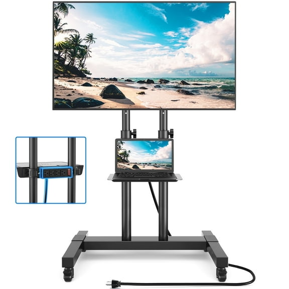 RTVR Upgraded Mobile TV Stand with Power Outlet for 32-85 inch Screens, Portable Adjustable Rolling TV Cart Stand with AV Shelf for Bedroom Home