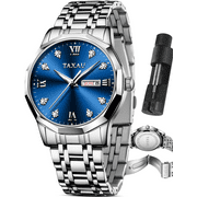 TAXAU Business Blue Dial Mens Watches Sliver Stainless Steel Watches For Men With Day Date Mens Diamond Watches Analog Quartz Men Wrist Watches Waterproof Watches Roman Numerals Watches