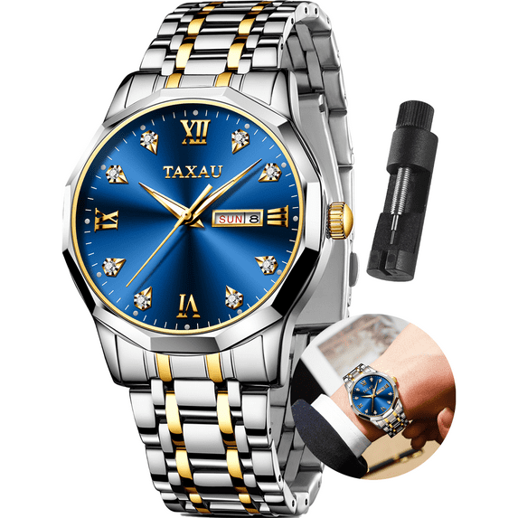 TAXAU Gold Sliver Watches For Men Analog Quartz Watches Men Gold Sliver Stainless Steel Watches Classic Blue Dial Mens Watches Day Date Watches Mens Waterproof Watches Roman Numerals Watches