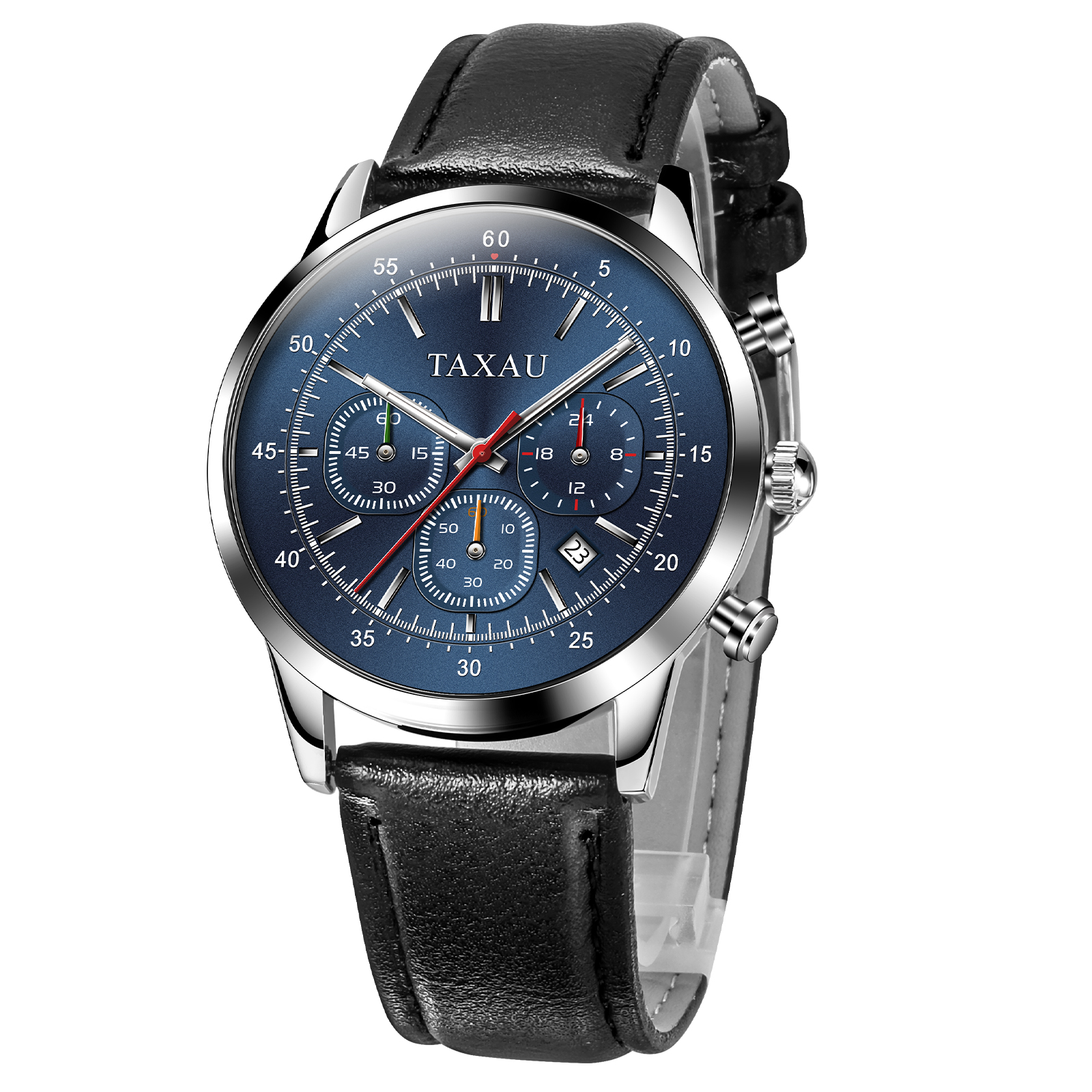 TAXAU Men Large Blue Face Watches Fashion Black Leather Strap Watches