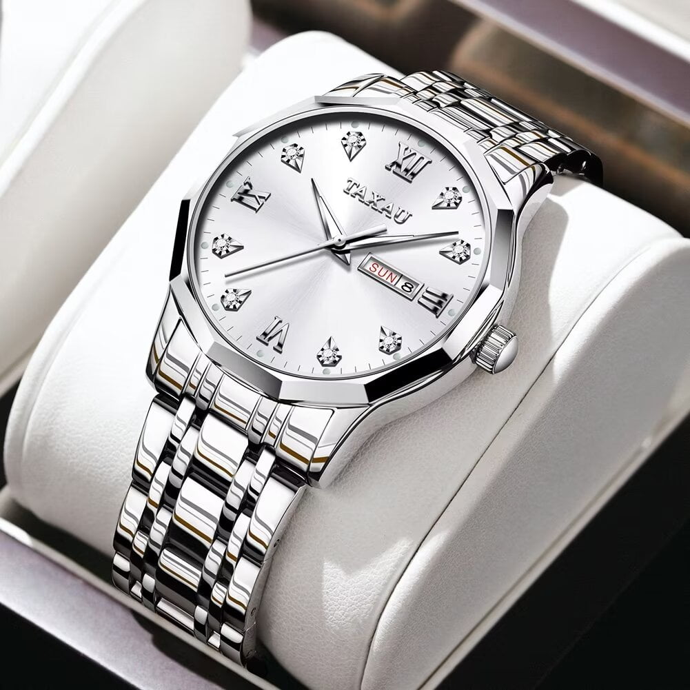 TAXAU Mens Big White Dial Watches Luxury Sliver Stainless Steel Strap ...