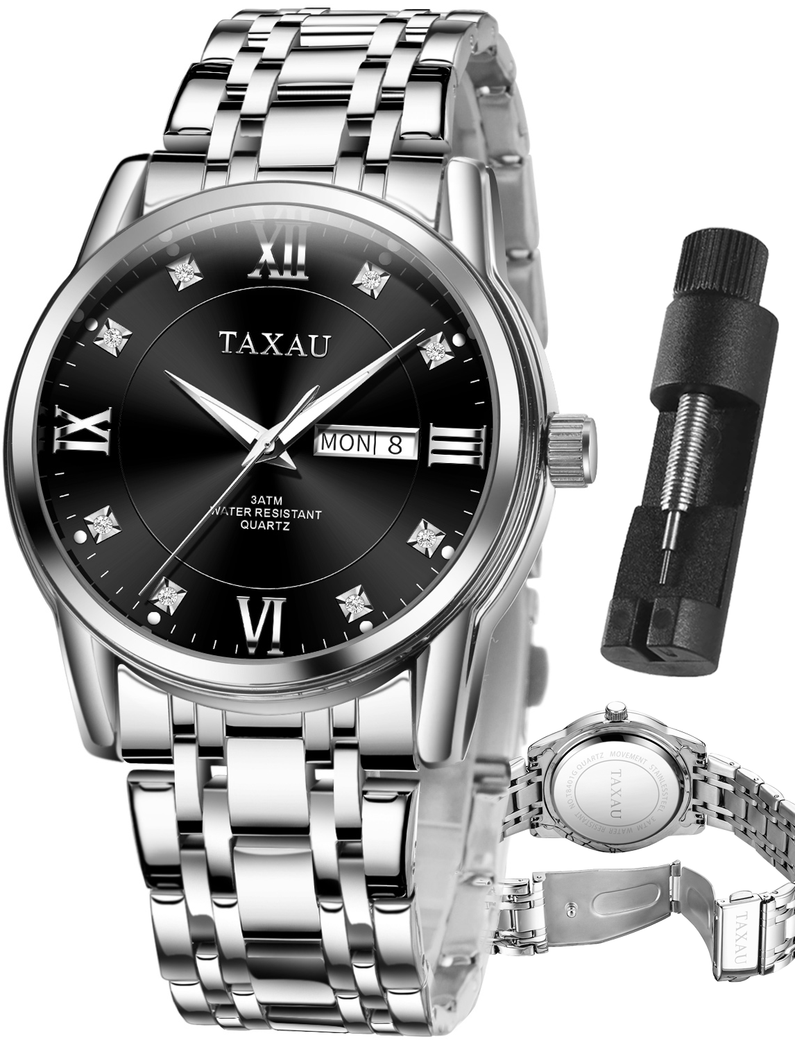 Taxau Sliver Mens Watch Large Black Face Watch For Men Waterproof Mens