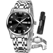 TAXAU Mens Watches Day Date Watches For Men Large Black Face Watches Men Analog Quartz Watches Sliver Stainless Steel Band Watches Men Waterproof Watches Roman Numerals Watches Business Watches