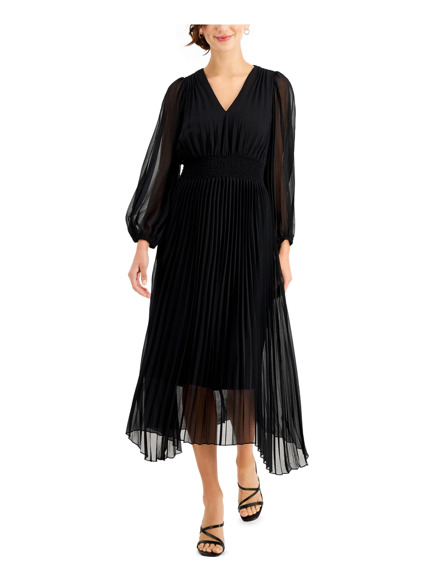 TAYLOR PETITE Womens Black Stretch Pleated Sheer Smocked Lined Long Sleeve V Neck Midi Formal