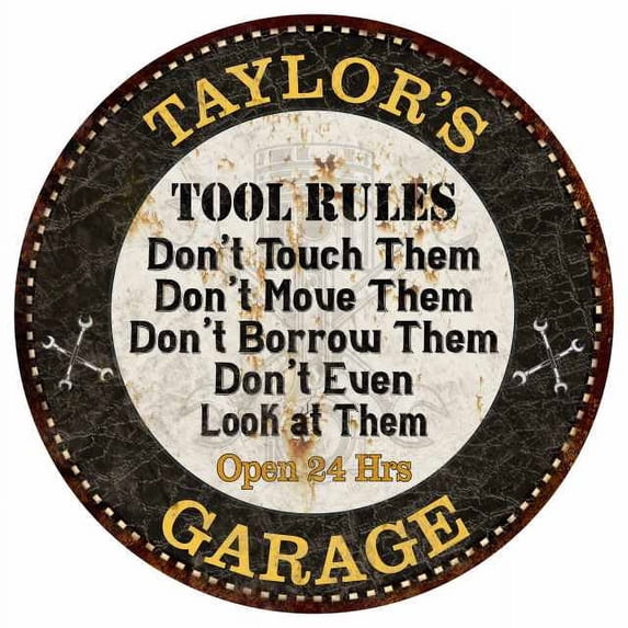 TAYLOR'S Garage Rules 14" Round Metal Sign Garage Bar Wall Decor 100140013351