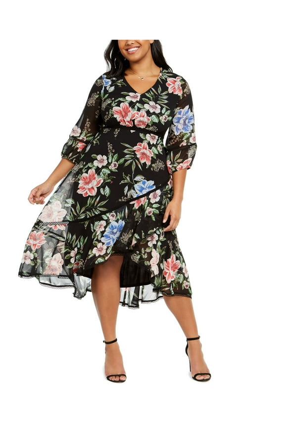 Womens Black 3/4 Sleeve Midi Fit + Flare Evening Dress Plus 14W