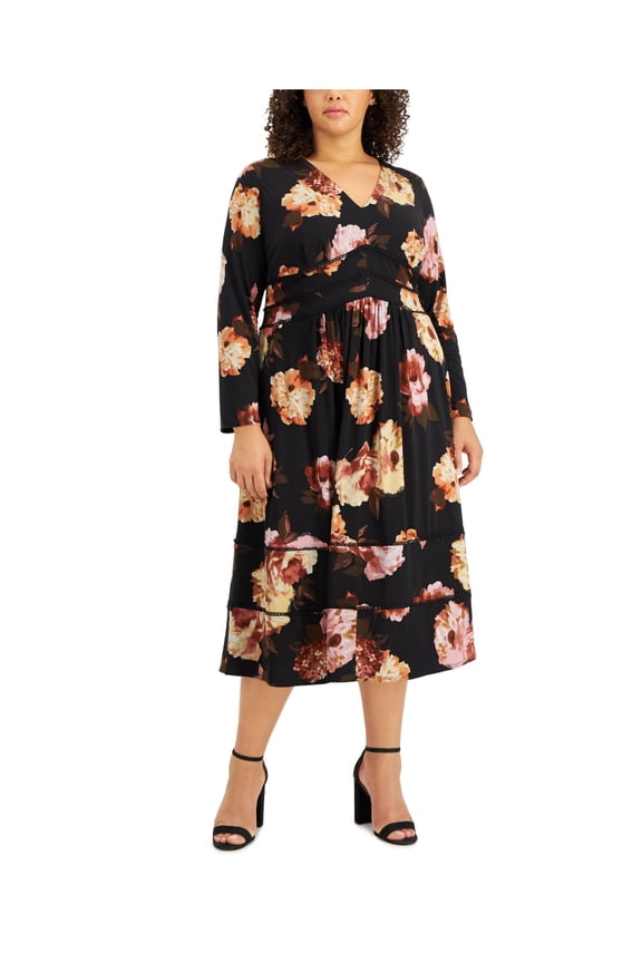 Womens Black Stretch Zippered Tiered Circle-trim Floral Long Sleeve V Neck Midi Evening Empire Waist Dress Plus 14W