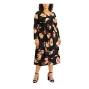 TAYLOR Womens Black Stretch Zippered Tiered Circle-trim Floral Long Sleeve V Neck Midi Evening Empire Waist Dress Plus 18W