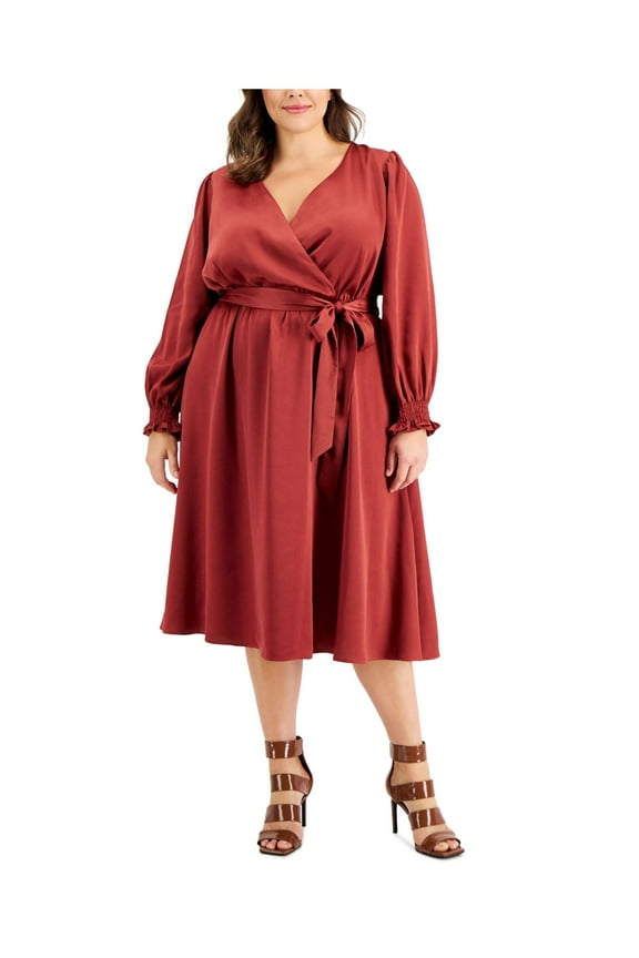 Womens Brown Tie Smocked Pullover Elastic Waist Long Sleeve Surplice Neckline Midi Wear To Work Faux Wrap Dress Plus 16W