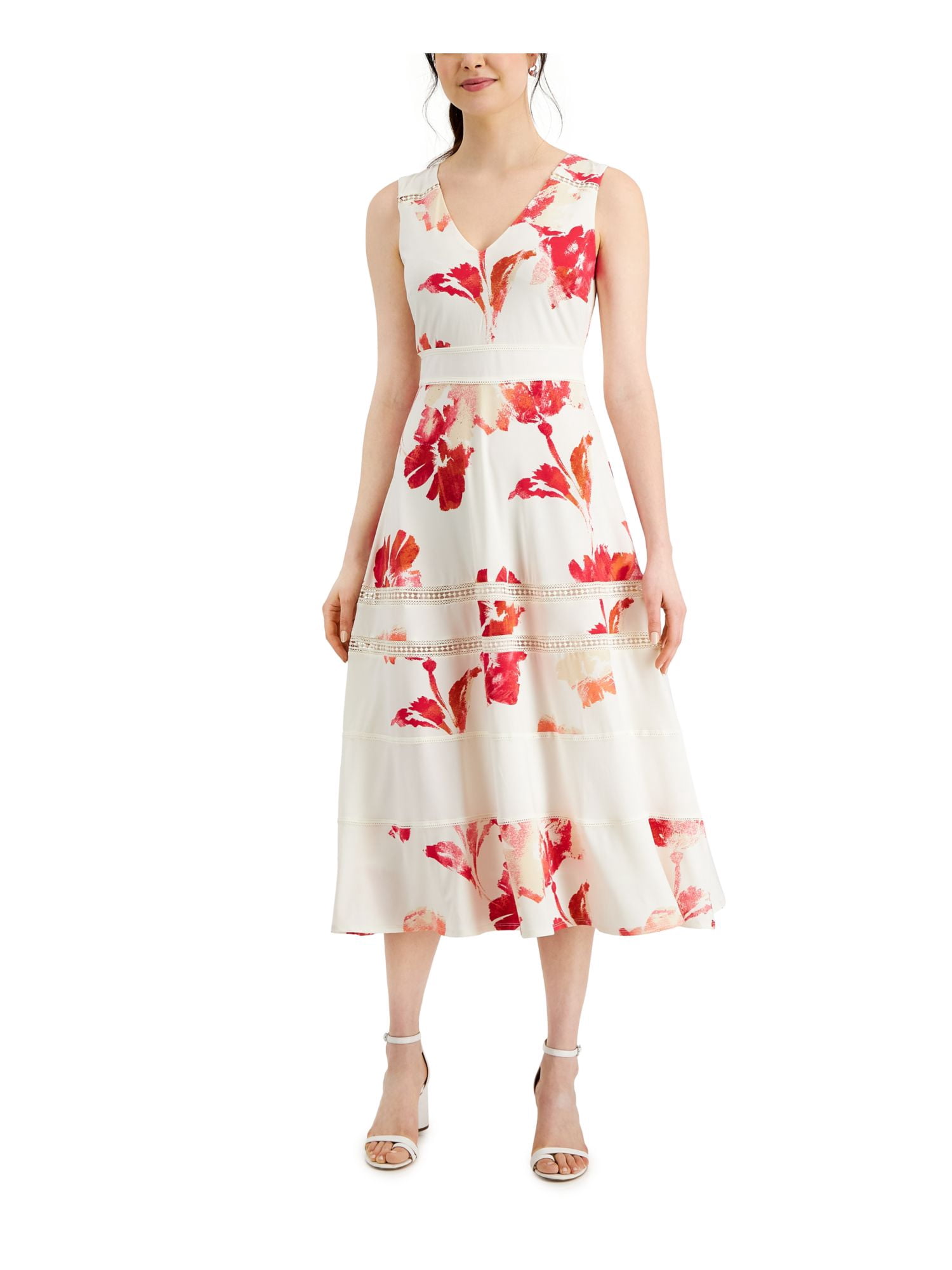 TAYLOR Womens Ivory Stretch Zippered Lace Trim Printed Sleeveless V Neck  Midi Fit + Flare Dress 2 - Walmart.com