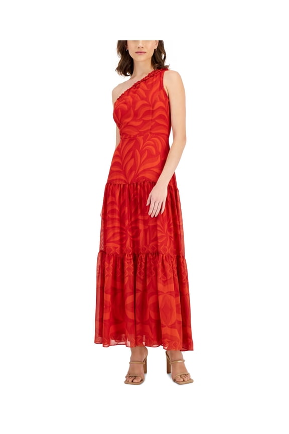 Womens Red Ruffled Zippered Lined Tiered Sheer Printed Sleeveless Asymmetrical Neckline Maxi Fit + Flare Dress 16