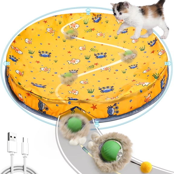 Beteliva Interactive Hunting Toy Ball & Cover Set for Cats and Dogs - Fast Rolling Green Ball in Yellow Hunting Pouch, Hide & Seek Game, 1-Pack