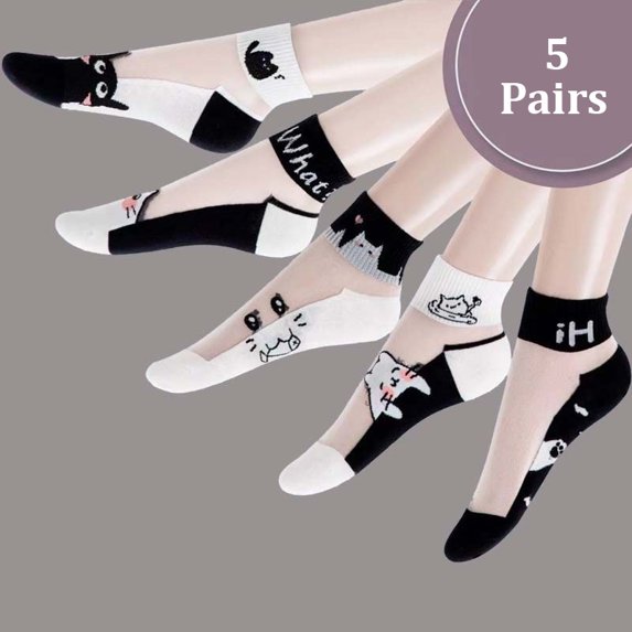 TAZAG 5 pairs of summer ice silk socks for women short tube cotton bottom crystal socks