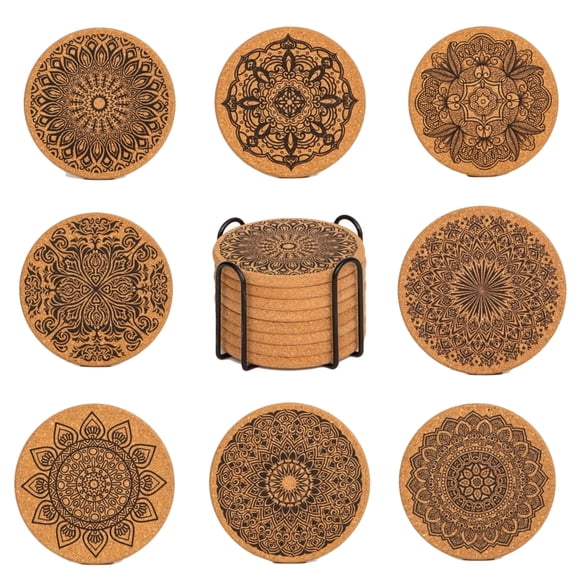 TAZAG 8 pieces retro round edge cork coasters thickened absorbent cork pads home decoration coffee cup insulation pad with storage bracket