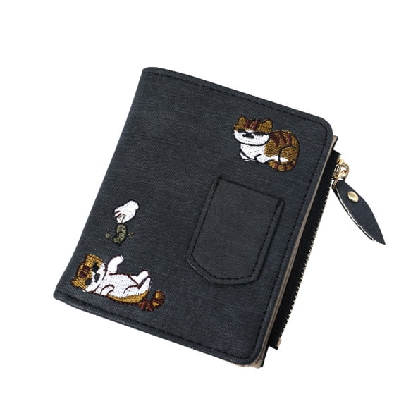 TAZAG Jeans Style Buckle Wallet Cat Embroidered Canvas Zip Coin Purse