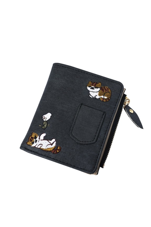 Jeans Style Buckle Wallet Cat Embroidered Canvas Zip Coin Purse
