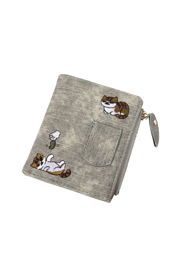 Jeans Style Buckle Wallet Cat Embroidered Canvas Zip Coin Purse