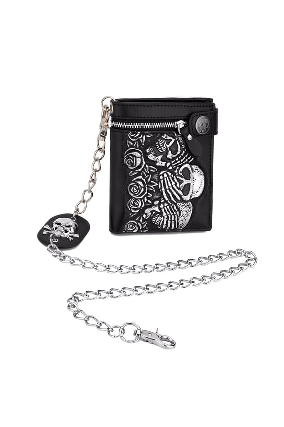 Men's Rose Skull Leather Wallet, Bifold Wallet, Zippered Coin Bag, Gift for Husband