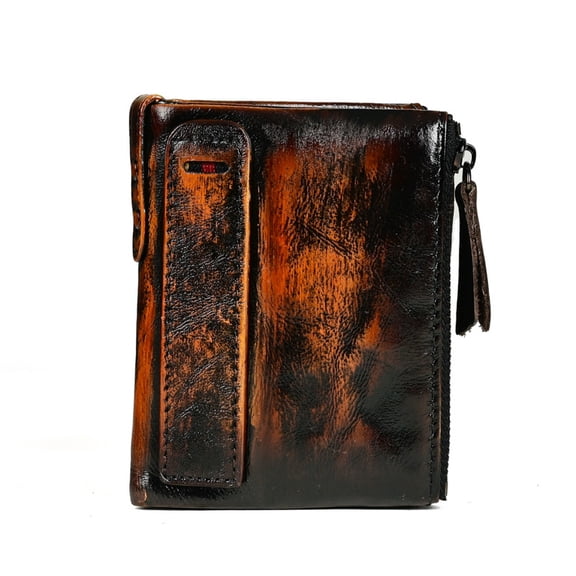 TAZAG Retro Distressed Genuine Leather Men's Wallet，Top-grain cowhide zipper coin wallet
