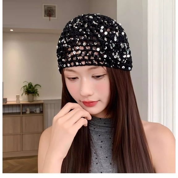 TAZAG Retro Elegant Sequin Flower Knitted Head Hat Women's Thin Breathable Hollow Knitted Head Hat