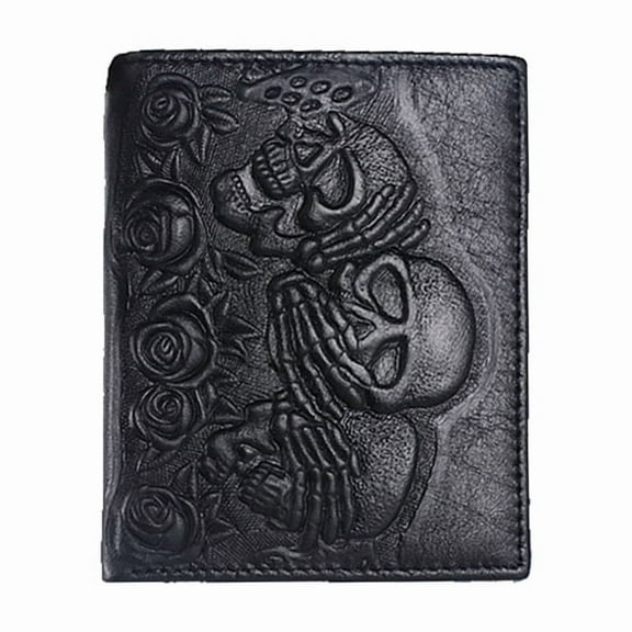 TAZAG Sculpture Rose Skull Leather Wallet Horizontal and Vertical Business Wallet Men's Short Wallet