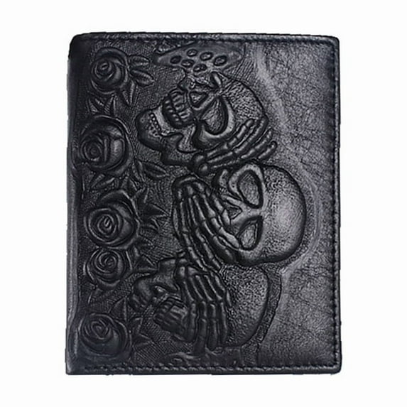 TAZAG Sculpture Rose Skull Leather Wallet Horizontal and Vertical Business Wallet Men's Short Wallet