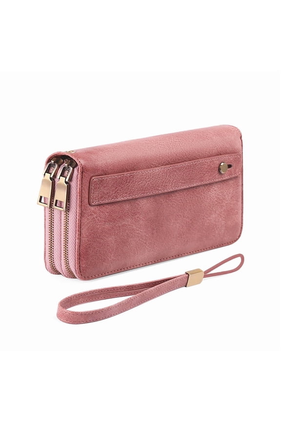 Women's Long Wallet Double Zipper Phone Clutch RFID Blocking Plain Leather Wristlet Wallet Large Capacity Multi-Card Slot Credit Card Holder