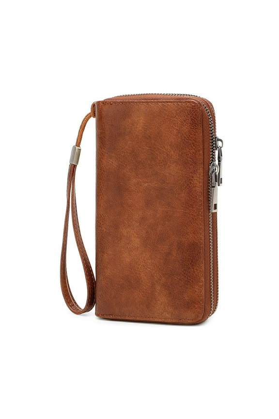 Women's Long Wallet Double Zipper Phone Clutch RFID Blocking Plain Leather Wristlet Wallet Large Capacity Multi-Card Slot Credit Card Holder