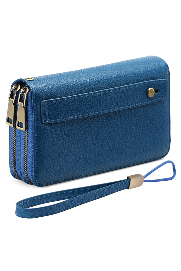 Women's Microfiber Leather Wallet RFID Double Zipper Contrast Color Long Wallet Clutch