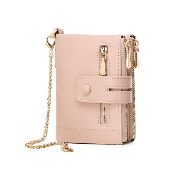 TAZAG Women's Short Wallet Soft Leather Fashion Double Zipper Coin Wallet Multifunctional Chain Hand-carrying Tri-fold Leather Clip